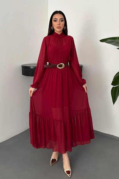 bysocafashion تنورة نسائية باللون العنابي، مزينة بالكشكشة، وبطانة داخلية، وفس...