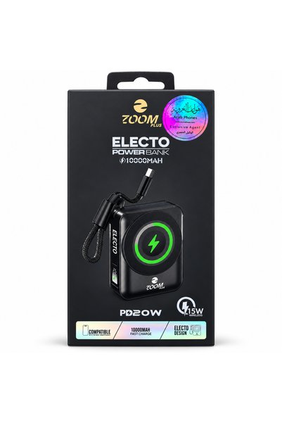 Zoom Plus باور بانك إلكترو 10000 مللي أمبير، 20 واط PD، 15 واط لاسلكي، USB-C