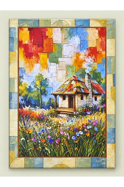 Renkli Bloklar Kenar Detaylı Çiçekli Kır Evi Temalı Dekoratif Ahşap Tablo 37x52 cm