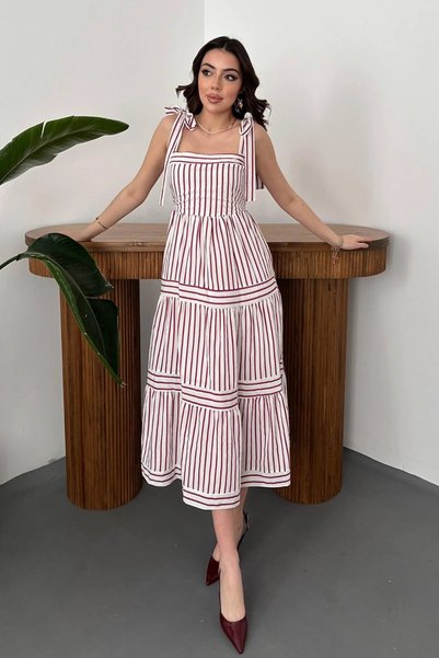 bysocafashion فستان نسائي باللون العنابي، بتصميم مخطط، وبطانة داخلية، وحزام ل...
