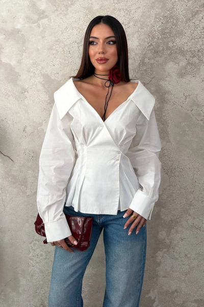 bysocafashion قميص نسائي أبيض من القطن، مزين بأزرار وطيات.