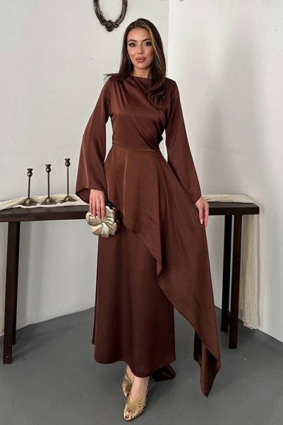 bysocafashion Women's Brown Drapey Satin Dress with Side-Tie Tie-Detail