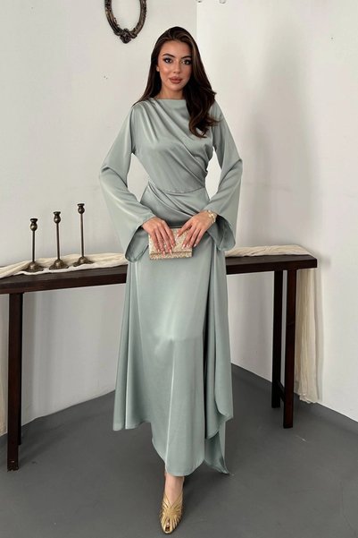 bysocafashion Women's Mint Green Drapey Satin Dress with Side-Tie Detail