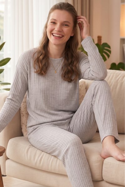 Farya Home Set de pijamale tricotate din bumbac pentru iarnă, flaușate pe int...