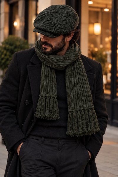 kuru Σετ ανδρικό μάλλινο καπέλο και πλεκτό φουντωτό κασκόλ βρετανικού στυλ Trend