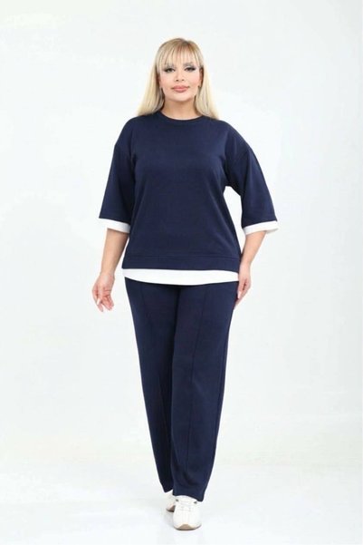 Hazinedan Plus-Size, Loose-Fit, Crew Neck, High-Neck, Long-Sleeved Modal Set