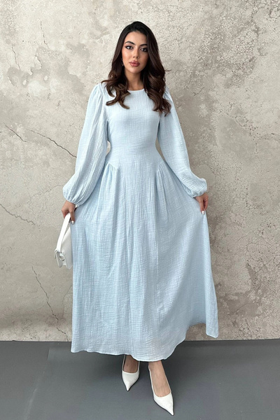 bysocafashion فستان نسائي طويل الأكمام، مصنوع من القطن، مزين بحافة مطوية، وبط...