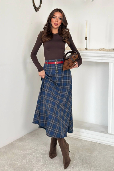bysocafashion Women's Navy Blue Plaid Viscose Blend Skirt