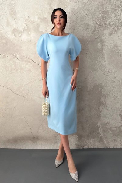 bysocafashion Women's Long Stretch Fabric Satin Dress with Blue Lining