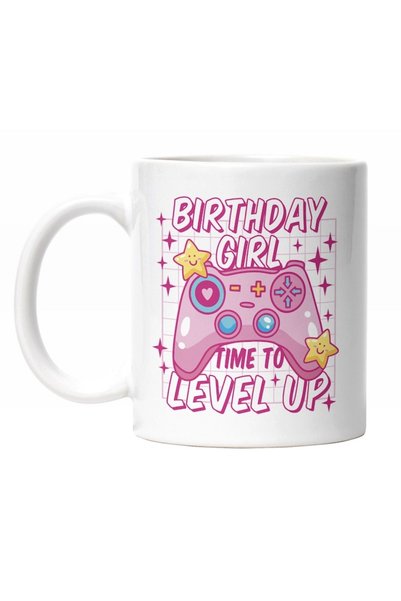 INOVATIX Cana albă personalizată, Maneta Play Station Roz, Birthday Girl Time...