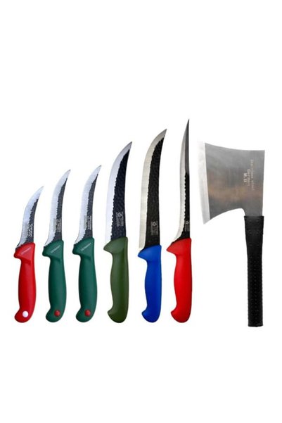 OEM Set de 6 cuțite forjate și 1 satâr din oțel carbon, mâner din cauciuc