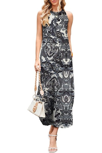 OtherMax Rochie Maxi Damă pe Plajă Halter Fluidă Alb-Negru XL