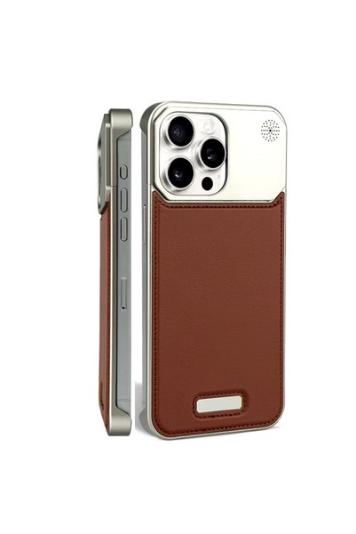 GrandMobile Husa iPhone 14 Pro, Dur Aluminiu si Piele cu MagSafe, Brown