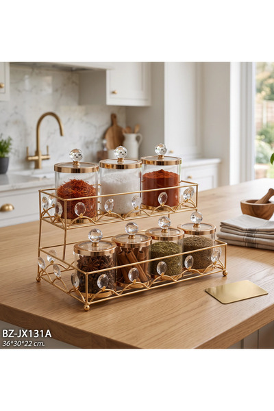 Hinora Home 7-Piece Glass Spice Jar and Storage Jar Set with 2-Tier Gold Stan...