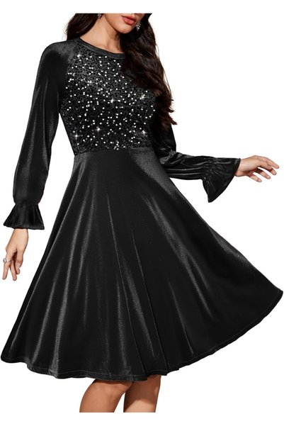 OtherMax Rochie Elegantă de Seară din Catifea cu Paiete Neagră cu Mânecă Lung...