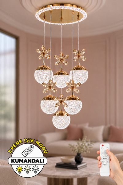 Dekorluna Rulinda Kumandalı Gold 6'lı Kristal Küre Sarkıt Avize 3 Renk Işık M...