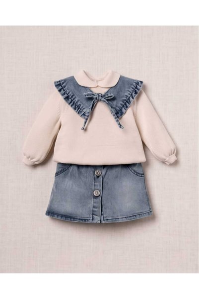 Nipperland 100% Knit Girl's Baby Denim Skirt and Sweater Set