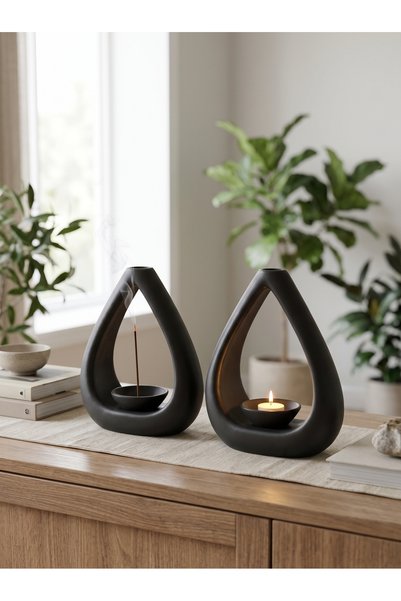 Yelesse Dekoratif Damla Tasarım 2'li Siyah Tütsülük ve Tealight Mumluk Seti -...