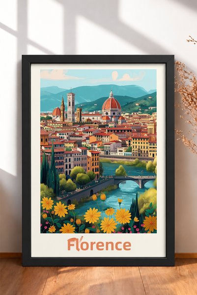 HOMEPACK Florence Cityscape and Yellow Flowers Framed Painting Italy Poster W...