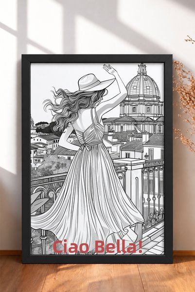 HOMEPACK Ciao Bella Written Balcony Woman with Hat Framed Painting Italy Post...