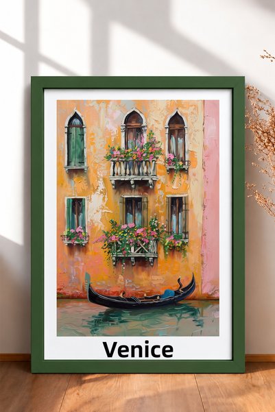 HOMEPACK Venice Floral Balcony and Gondola Framed Painting Italy Poster Livin...