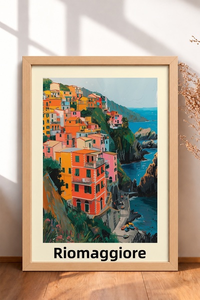 HOMEPACK Riomaggiore Navy Blue Coast and Beach Houses Framed Painting Italy P...