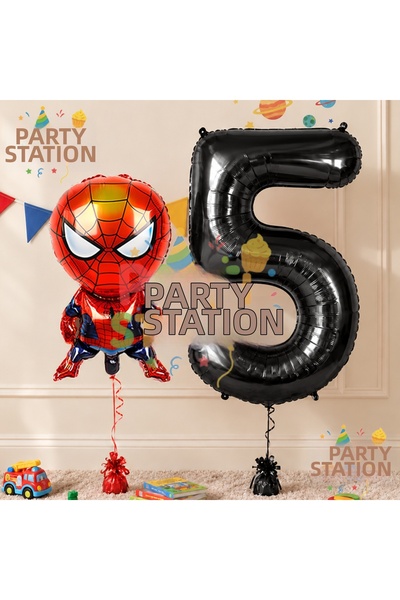 Parti Station Spider-Man 5 Year Old Balloon and Black Number Balloon Birthday...