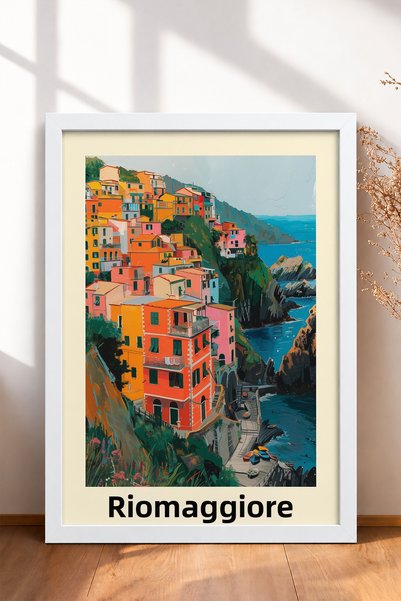 HOMEPACK Riomaggiore Navy Blue Coast and Beach Houses Framed Painting Italy P...