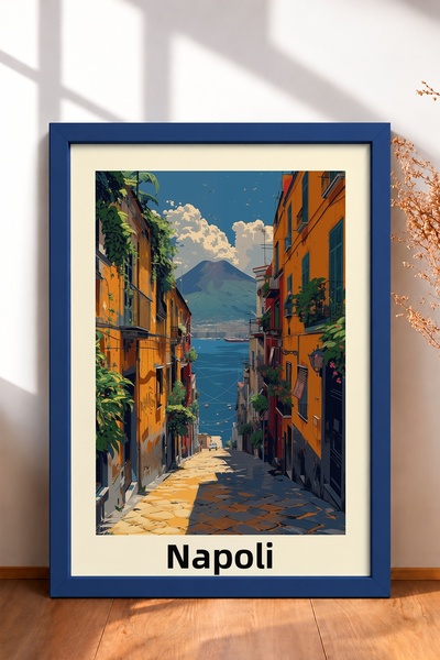 HOMEPACK Naples Street and Vesuvius Landscape Framed Painting Italy Poster Li...