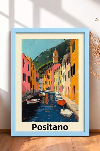 HOMEPACK Positano Navy Blue Kayaks in the Channel Framed Painting Italy Poste...