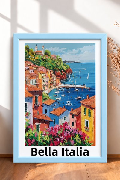 HOMEPACK لوحة فنية مؤطرة من Bella Italia تصور ميناء الإبحار والزهور، ملصق إيط...
