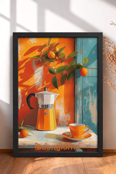 HOMEPACK Buongiorno Written Moka Coffee Pot and Cup Framed Painting Italy Pos...