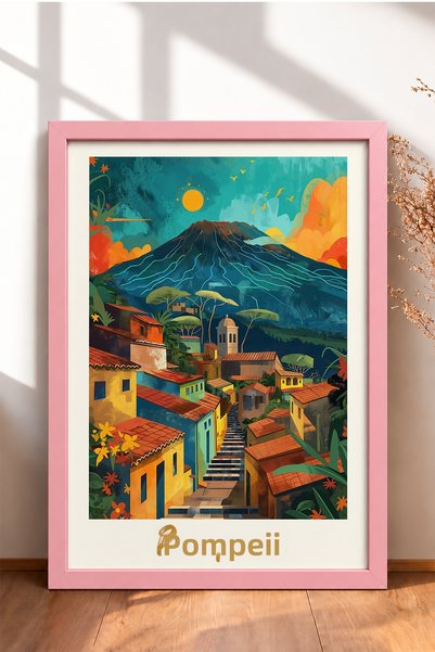 HOMEPACK لوحة فنية مؤطرة لبركان بومبي وبيوت ملونة، ملصق إيطالي لتزيين الجدران...