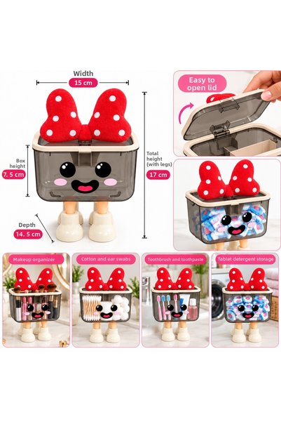 ARVALE Minnie Cute Lid-On Multi-Purpose Organizer Box with Bow – Makeup, Cott...