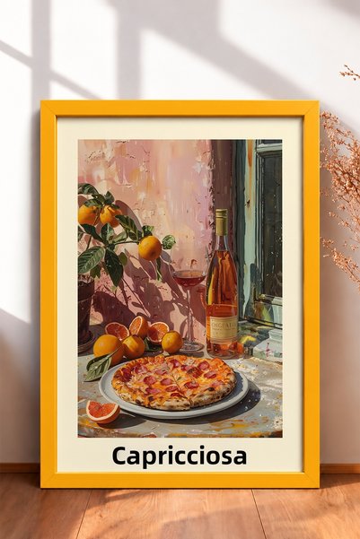 HOMEPACK Capricciosa Pizza and Rose Wine Tabletop Framed Painting, Italy Post...