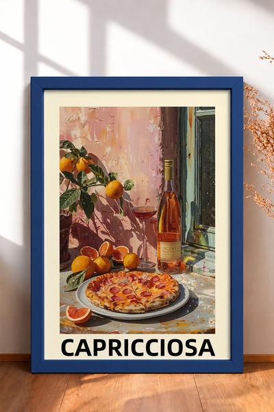 HOMEPACK Capricciosa Pizza and Rose Wine Tabletop Framed Painting, Italy Post...