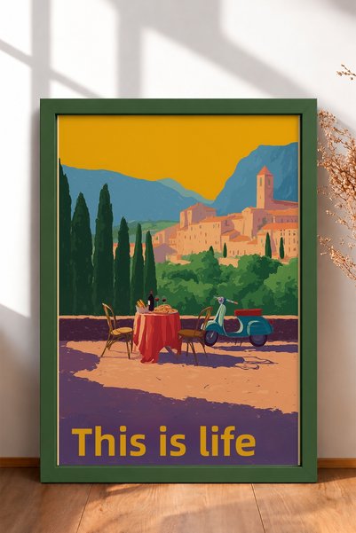 HOMEPACK „Questa è Vita” – Poster înrămat cu satul Yazılı Tepe, Italia – Deco...