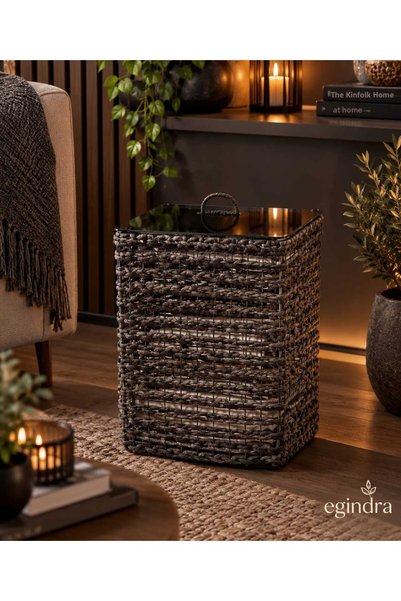 Egindra Metal Wire, Anthracite Grey, Jute Wicker, Woven Glass Lid, 50 cm Squa...
