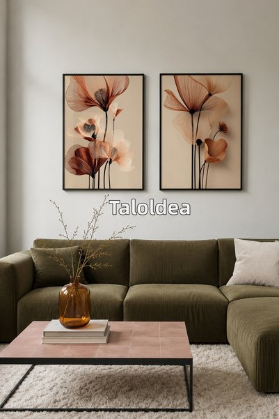 tablodea Faye - Set de 2 tablouri cu motive florale liniari în nuanțe de tera...