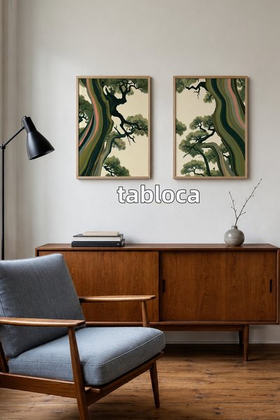 tablodea Mori - Set de 2 tablouri cu brad în stil retro stilizat – Set decora...