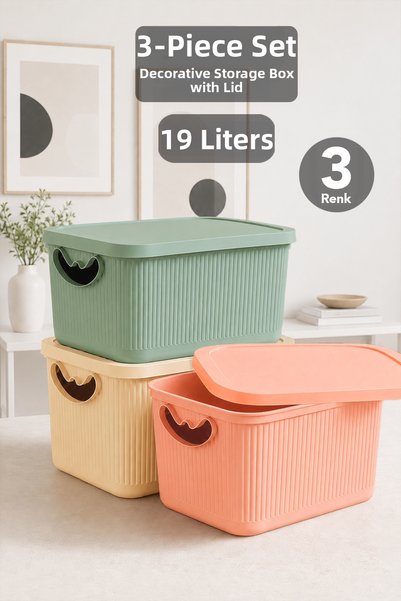 Meleni Home 3-Piece 19Lt Storage Box with Lid - In-Cabinet Organizer Basket D...