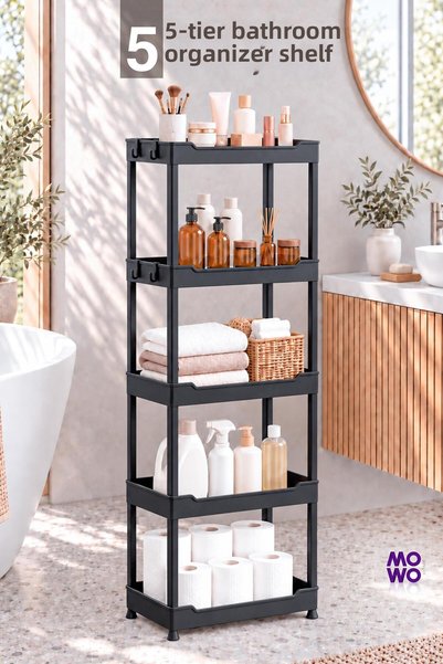 Mowo Home Black 5-Tier Freestanding Bathroom Organizer Shelf - Towel Rack, De...