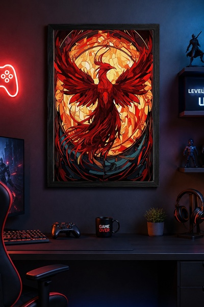 Charmbi Poster cu Pasărea Phoenix Roșie în ramă de lemn neagră, tablou cu imp...