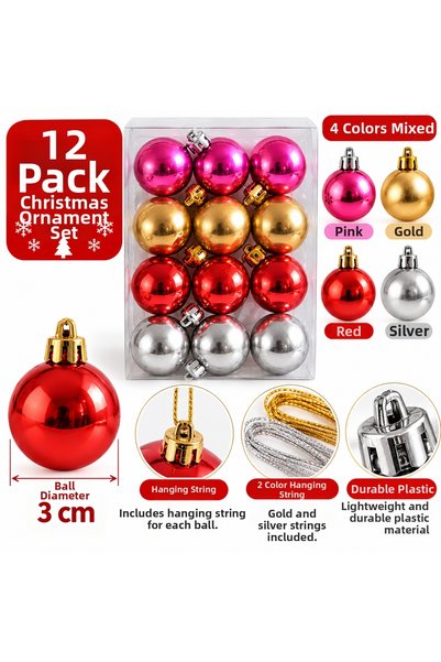 Altınkayaticaret Set of 12 New Year's Decorative Ornaments, 3 cm – Assorted C...