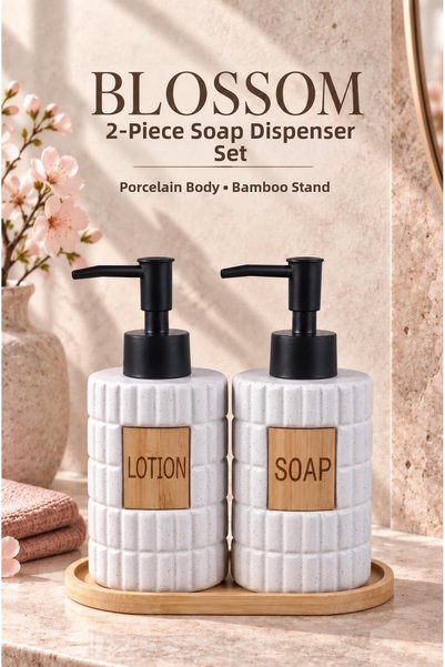 Okyanus Home Blossom White Porcelain Liquid Soap Dispenser Set of 2 with Bamb...
