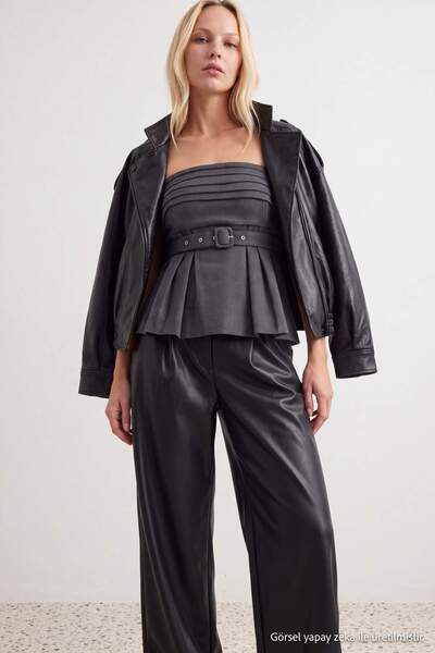 TRENDYOLMİLLA Antrasit Kemerli Pili Detaylı Dokuma Bluz TWOAW27BZ00138