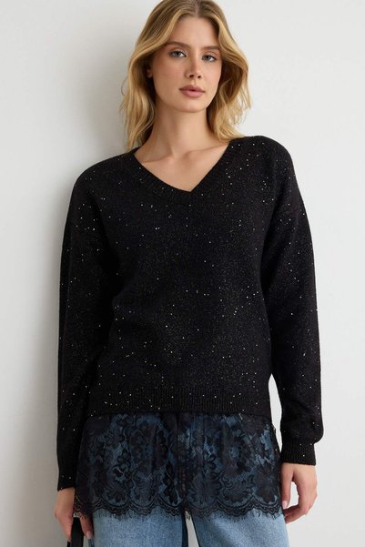 Trendyol Collection سترة تريكو سوداء مزينة بالترتر مع حافة دانتيل TWOAW27KZ00153