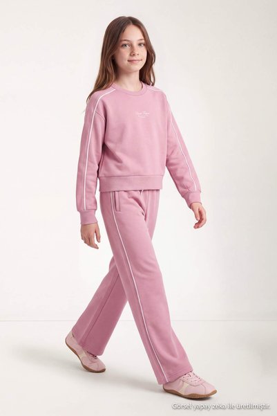 TRENDYOLKIDS Pink Girls' Crew Neck Modal Elastic Waist Pocket Wide Leg Knitte...