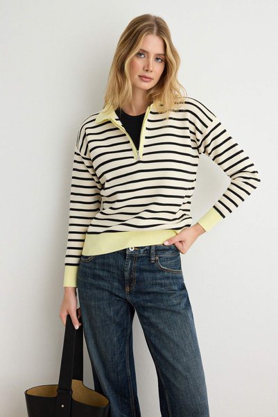 Trendyol Collection Yellow Half Pat Zipper Striped Knitwear Sweater Twoaw27Kz...