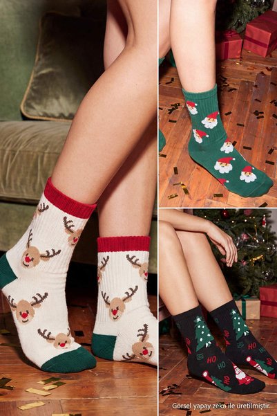 Trendyol Collection Multicolor 3 Pack Christmas Themed Jacquard Knitted Socks...